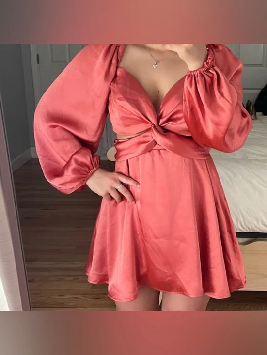 $220 Free People Justin Satin Cut Out Mini Dress Coral Size M - Picture 8 of 8